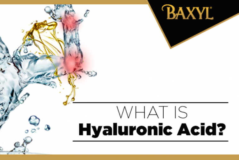 Soothing & hydrating Hyaluronic acid molecules and Baxyl logos